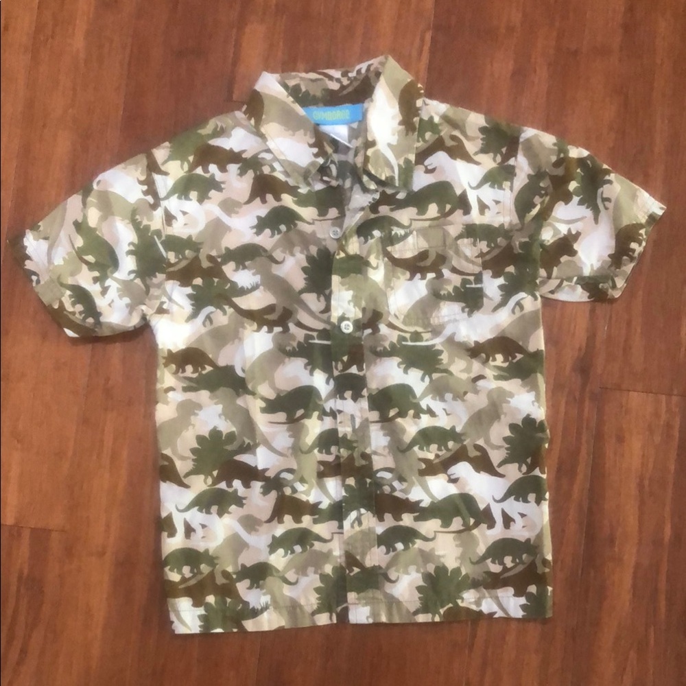 Gymboree Green and Brown Dinosaur Button Down Shirt Kids Size 5